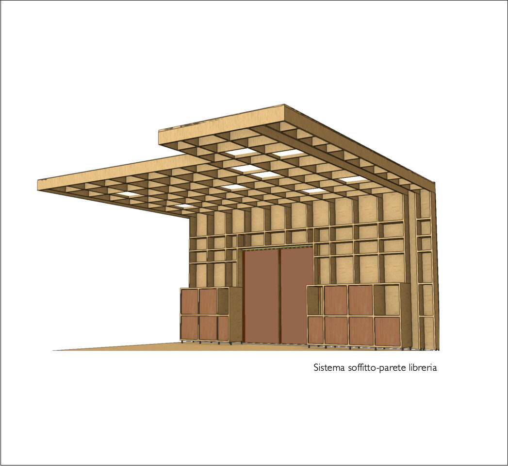 Biblioteca di Valledoria, libreria a sistema soffitto-parete